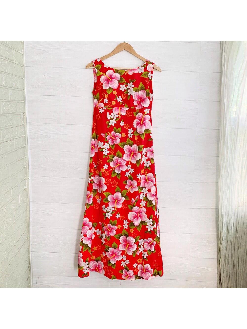 *Flaw* Vintage 60s Ui-Maikai Hawaiian Red Hibiscus Cotton Maxi Dress S